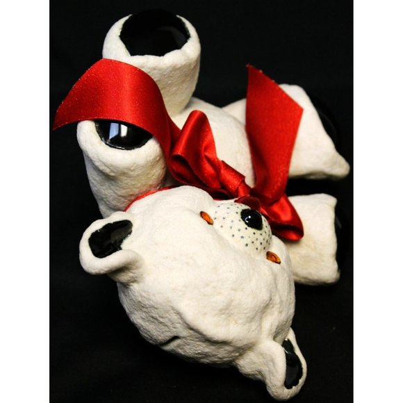 VTG? Hand-Painted Heavy Ceramic Teddy Bear Coin Slot Bank White Black Red Ribbon - Picture 7 of 8